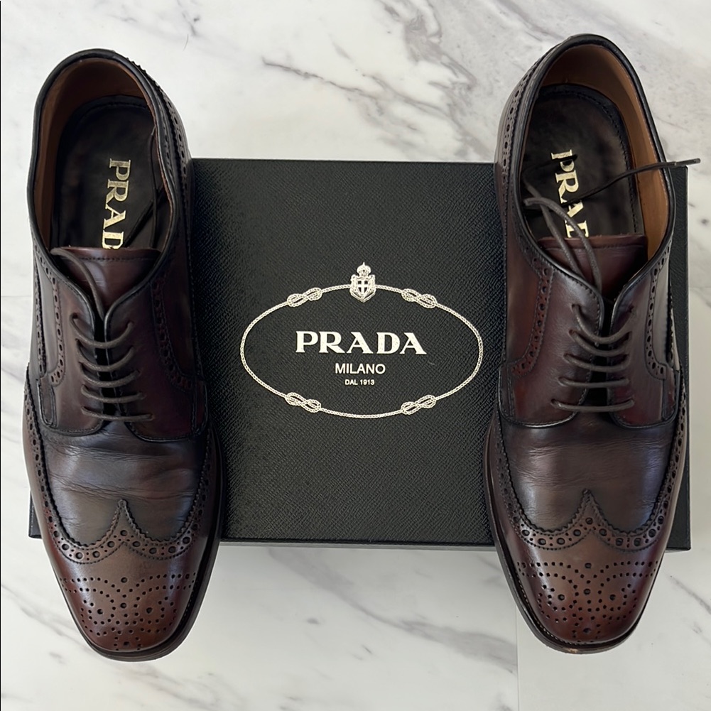 Prada Brown Leather Oxford Shoes With Brogue Detailing